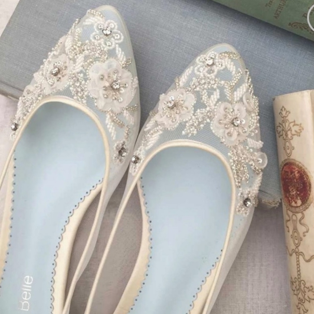 Bella Belle | Adora Floral Beaded Ivory Silk Wedding Flats Size 7